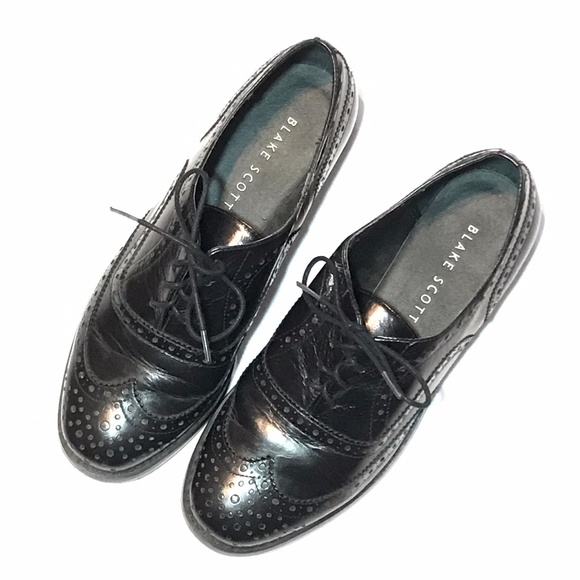 Black Shiny Leather Wingtip Oxford Dress Shoes EUC
